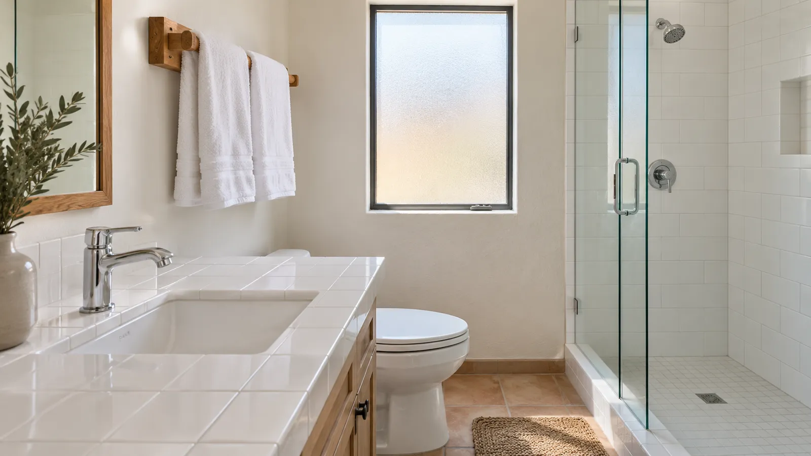 Spotless bathroom with a white tile counter, folded towels and a clear glass shower