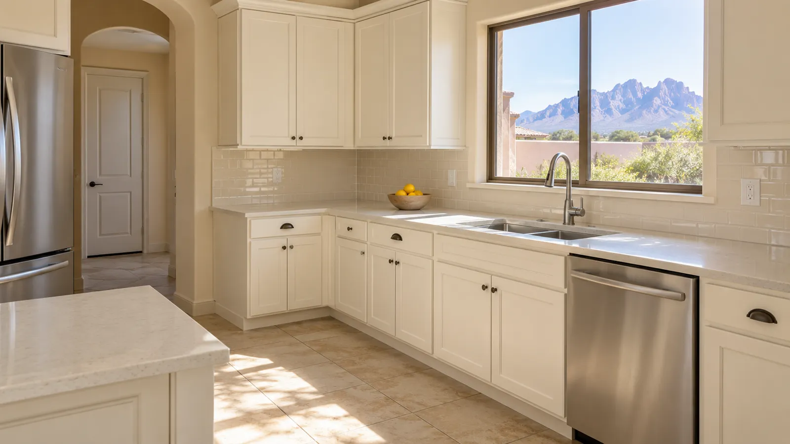 Clean kitchen with empty countertops, a stainless sink and the Organ Mountains through the window