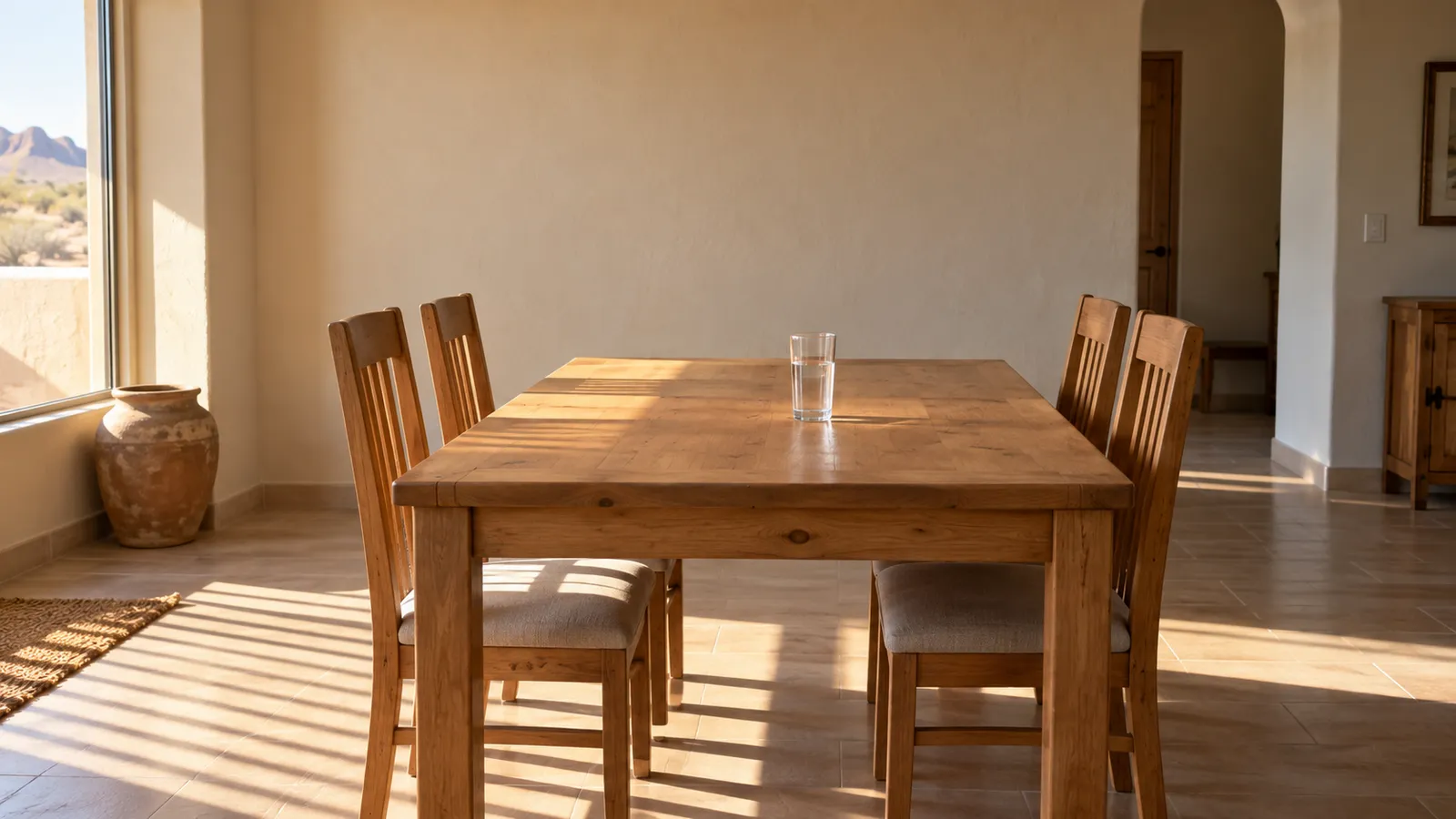 Simple dining room with a bare wooden table in warm afternoon light