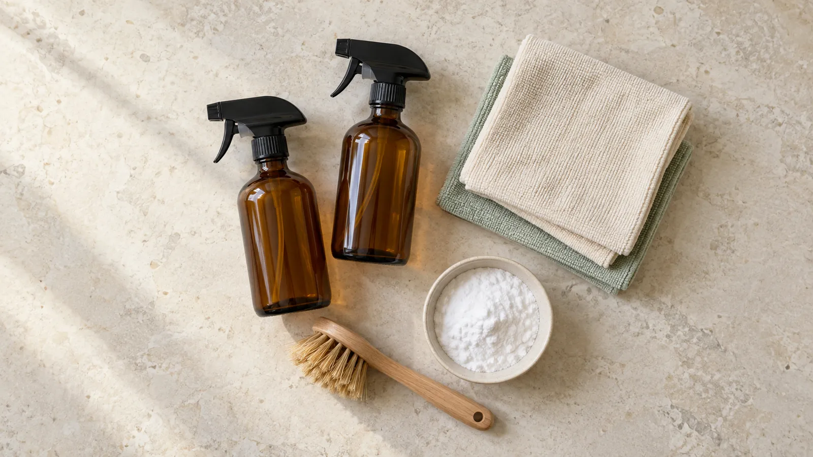 Amber spray bottles, folded microfiber cloths, a wooden brush and a bowl of baking soda on a stone counter