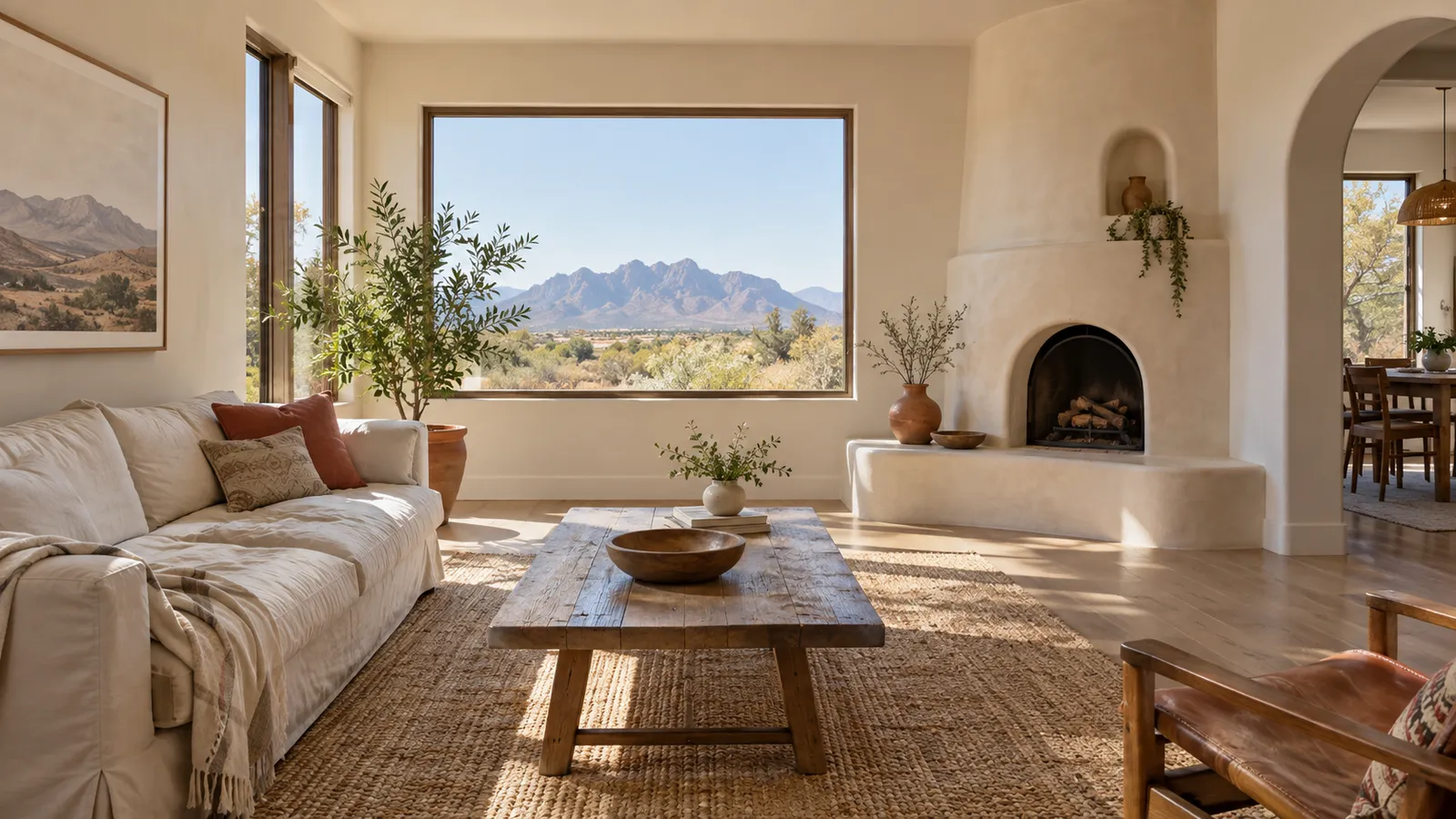 Sunlit southwestern living room with a jute rug, kiva fireplace and desert mountains through the window